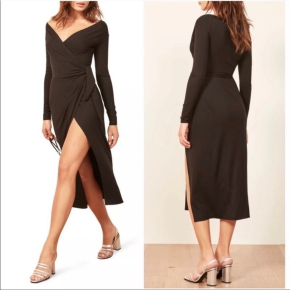 Reformation | Dresses | Reformation Off Shoulder V Black High Slit Wrap ...